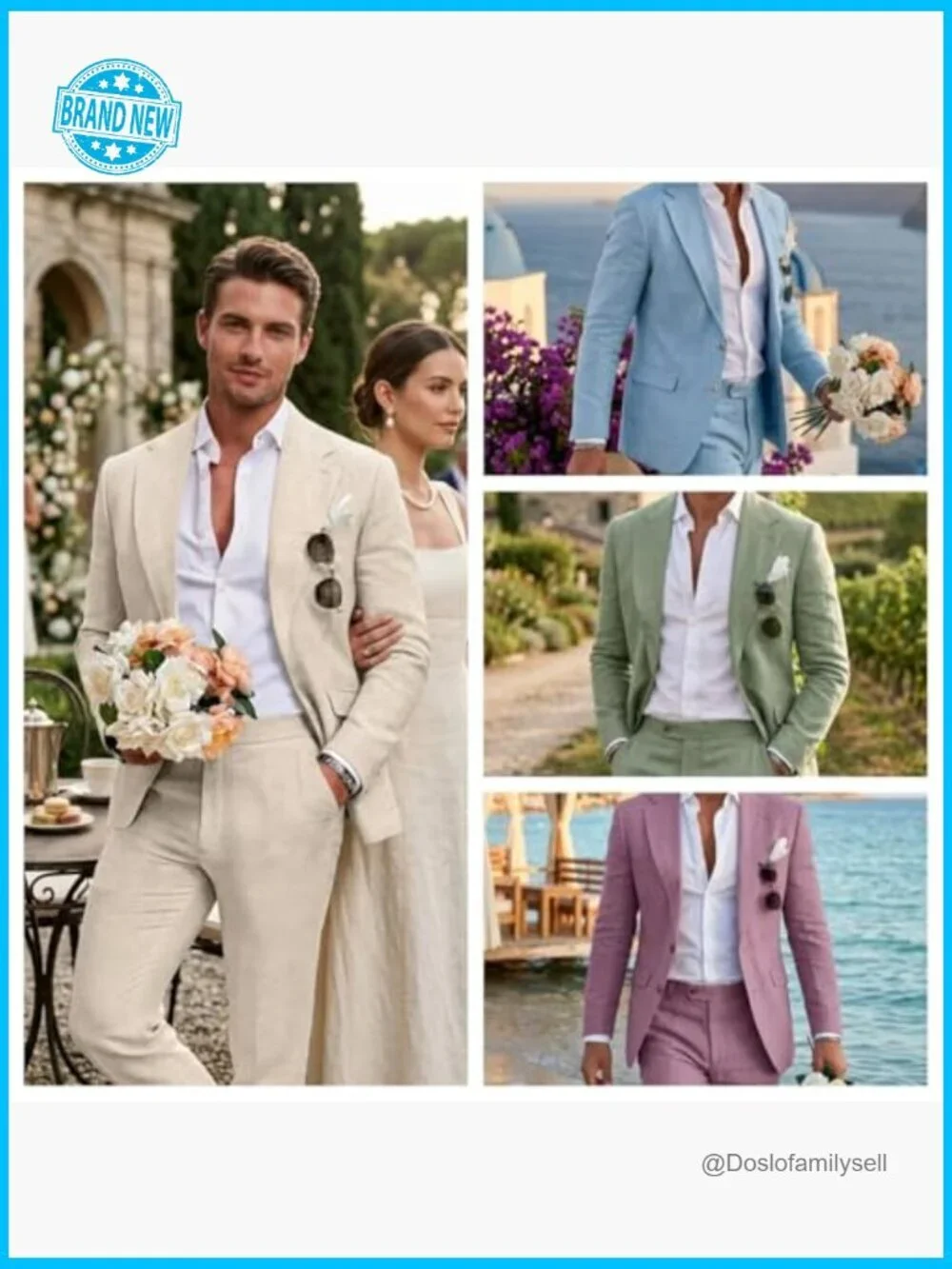 Linen Suit Slim Fit Summer Wedding Prom Party Blazer Pants Classic Elegant